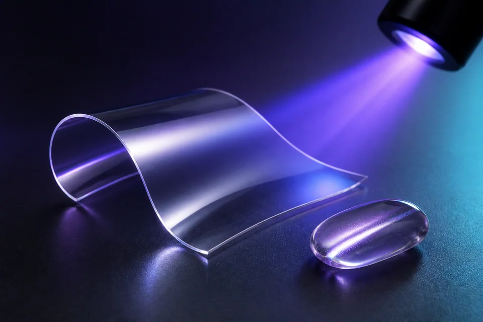 Clear UV-cured functional resin film under LED light